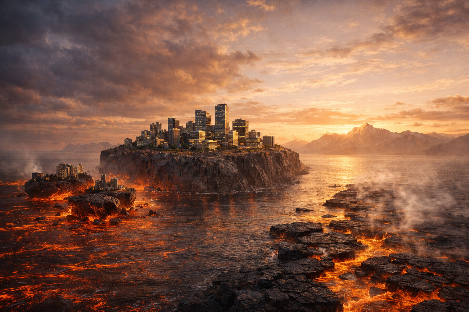 Volcanic lava runoff. Bottom left. Small island broken away, buildings still on it, floating on lava. The business model already separated, from the big city on the big floating rock in the middle, still intact, oblivious, doomed. Tentative path on the right side is stepping stones with lava veins between them. Not a highway. Requires courage. Steam rising at the transition. Mountains distant through haze — destination possible but uncertain. Main city more stable-looking — Lights on, elevated, appears solid. Less of a "disaster movie vibe," and more of a "business as usual while the edges crumble." The separation is visible - You can see the gap between main island and the drifting fragment. That space is the moment of no return. Wait longer and miss the last chance.