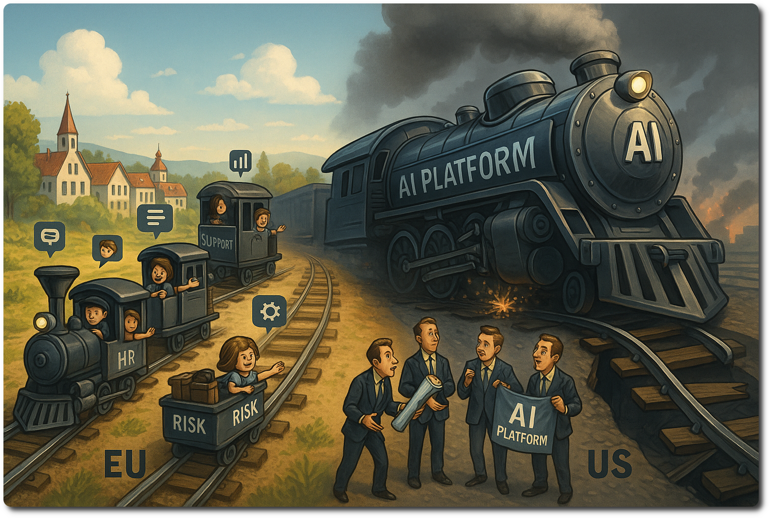 EU is many small trams moving things around while in the USA we have a huge loco crashing through the track and nothing can move it