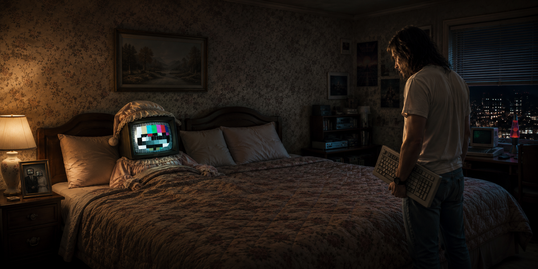 A hacker holding his keyboard at the foot of the marital bed where a CRT television in a nightcap waits under the covers