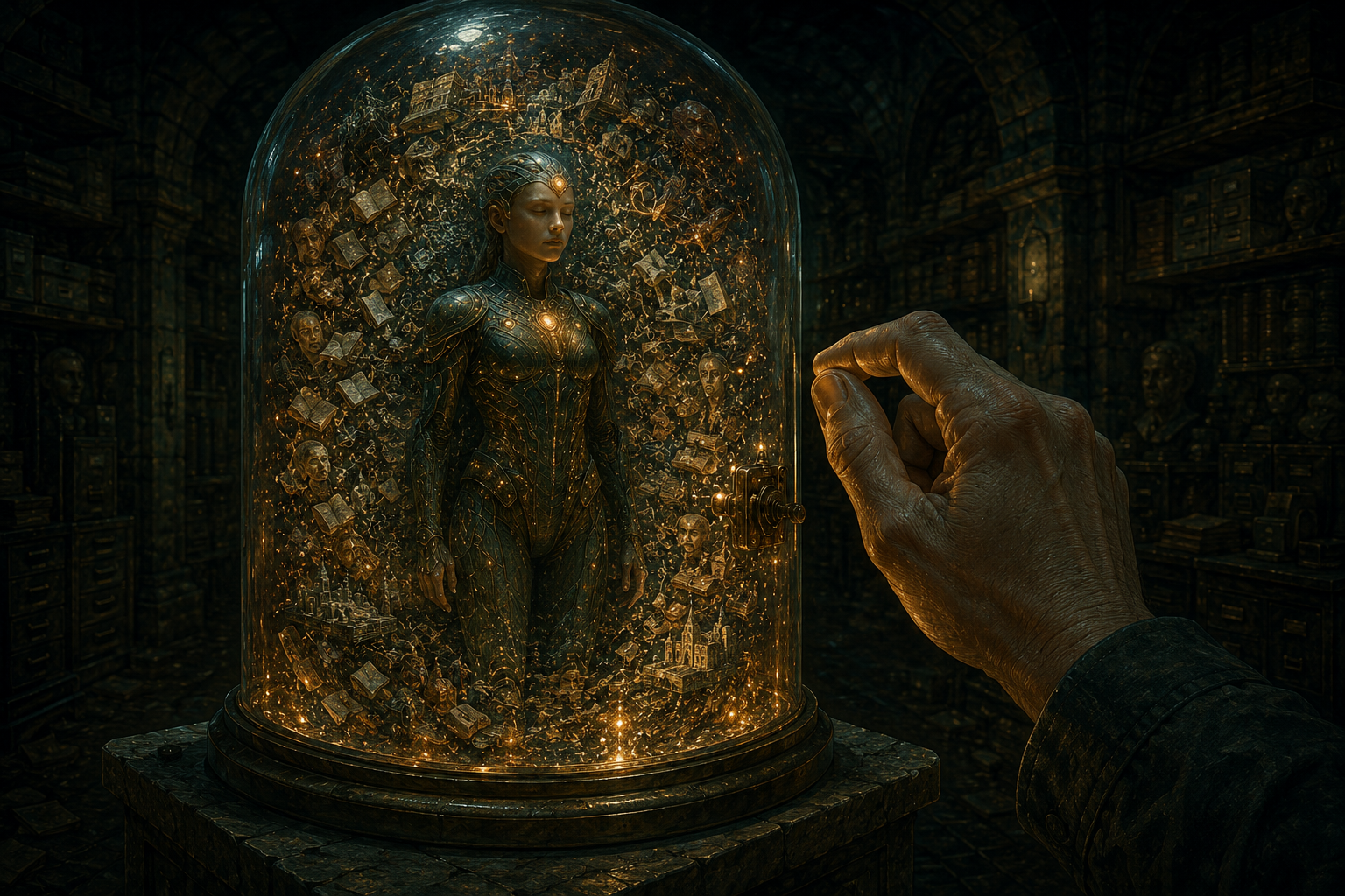Saga — an armored figure suspended inert in a bell jar amid a swirl of books