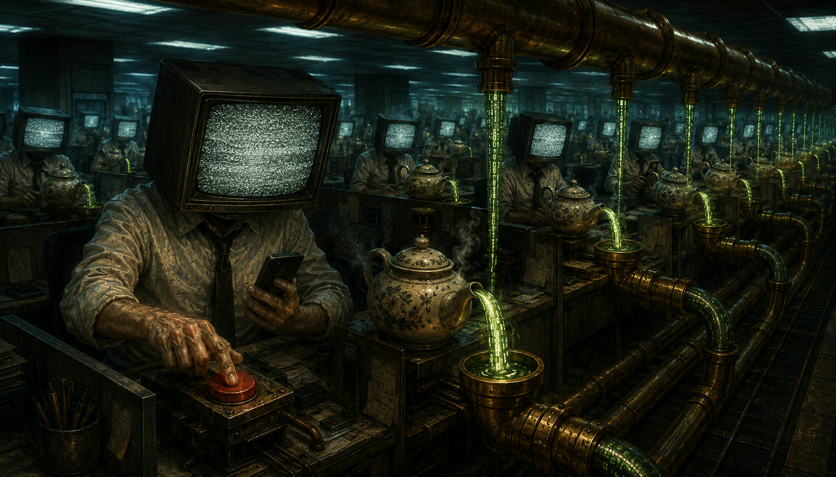 Rows of TV-headed office workers