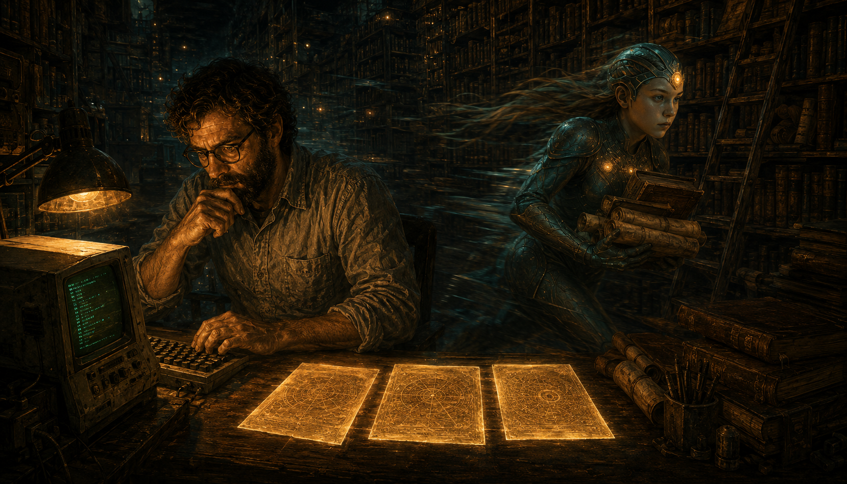 A hacker deep in thought at his terminal