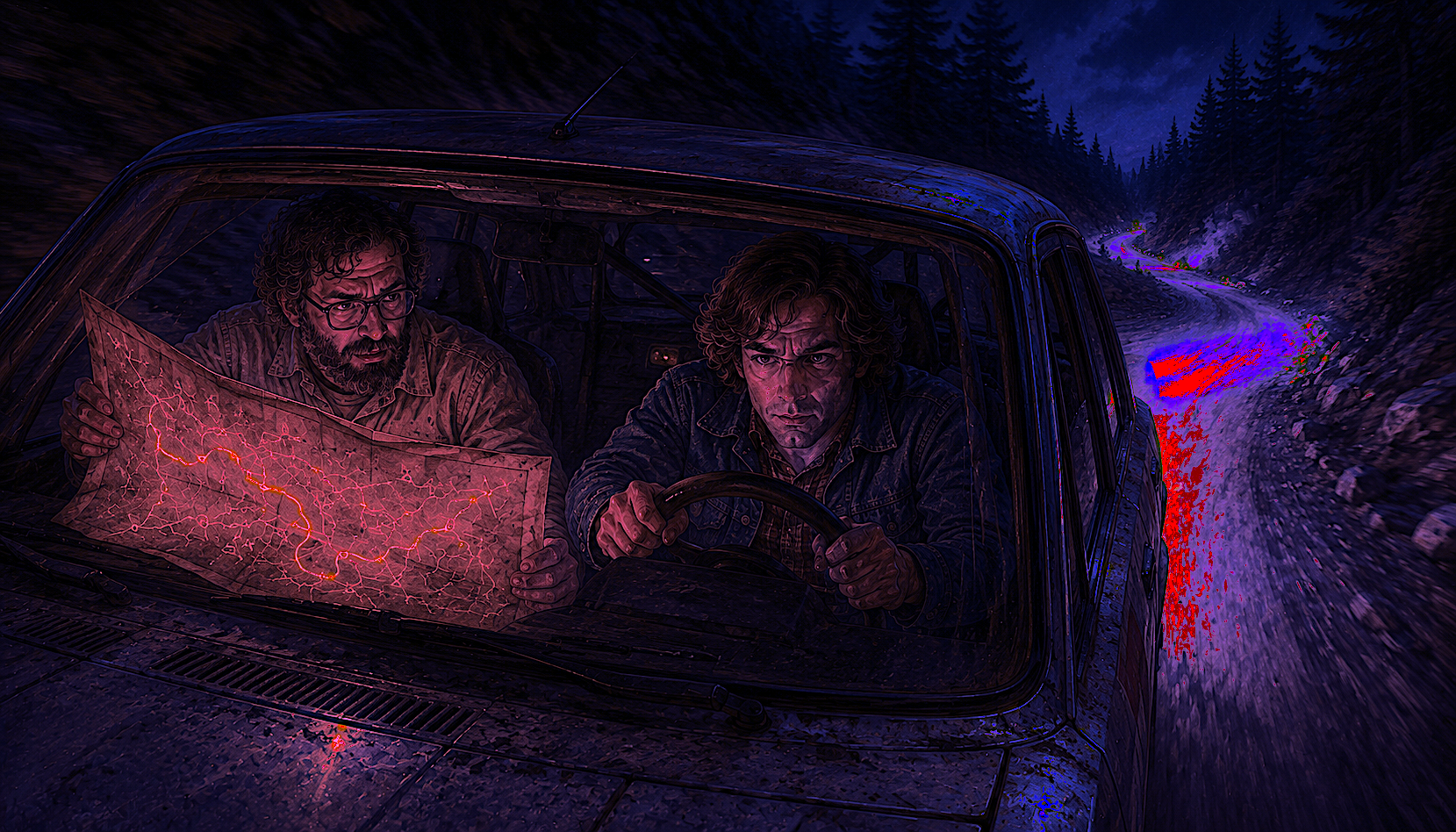 A rally driver locked on the one headlit turn ahead while his navigator holds a glowing map of the whole route