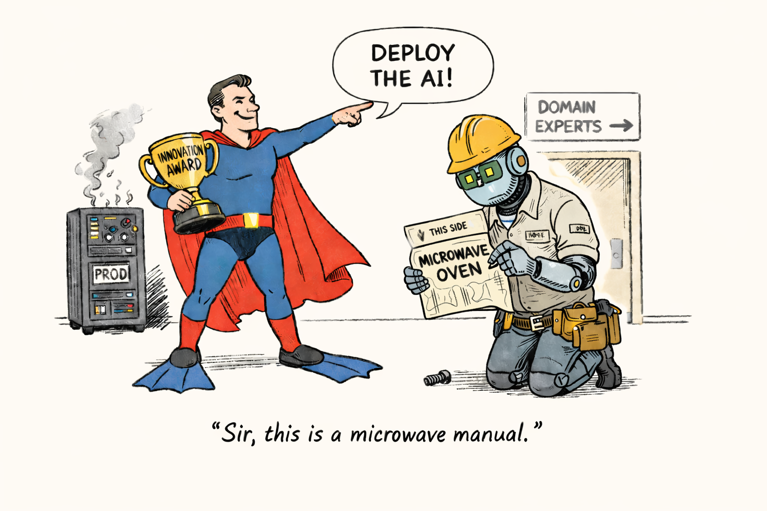 Editorial cartoon: Executive in Superman costume with diving fins holds Innovation Award trophy while pointing and shouting 'DEPLOY THE AI!' A tired robot worker in hardhat holds a microwave manual; captioned 'Sir this is a microwave manual.' Server rack labeled PROD smokes in background. Sign points to exit: DOMAIN EXPERTS.