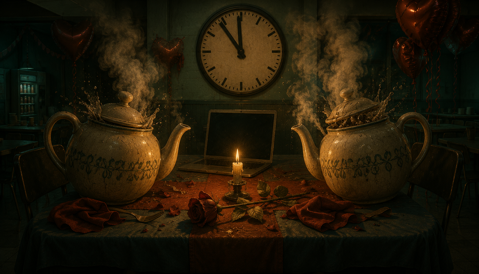 Two ornate teapots boiling violently at a candlelit date across a dead laptop