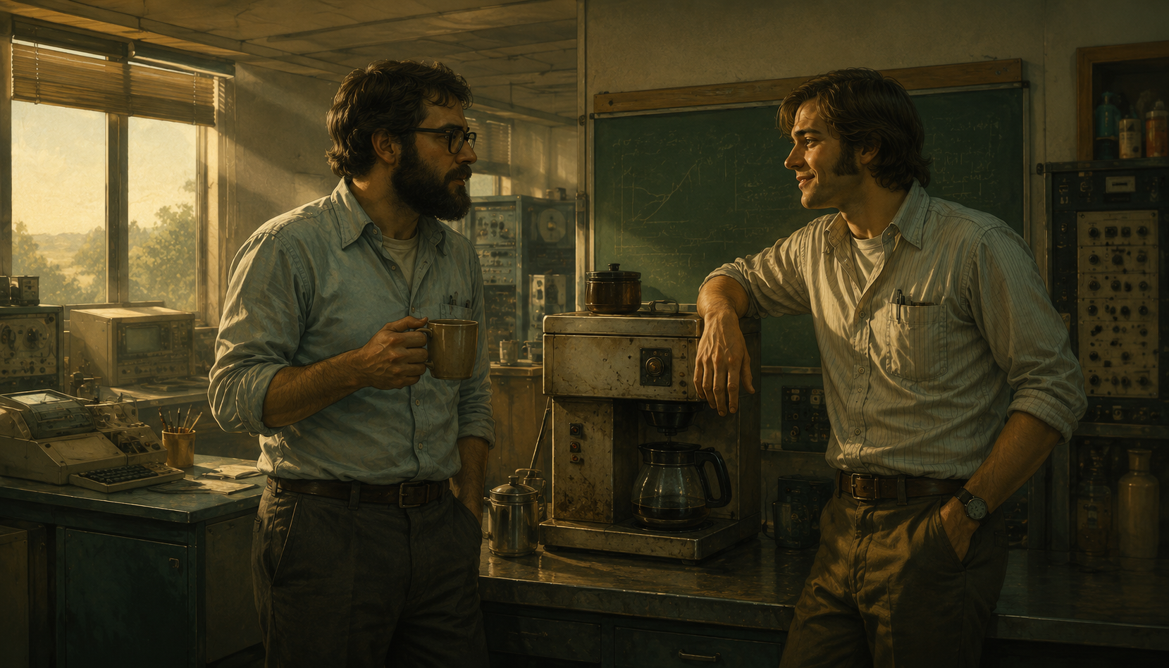 Two 1970s Bell Labs programmers talking over coffee by the break-room coffee machine