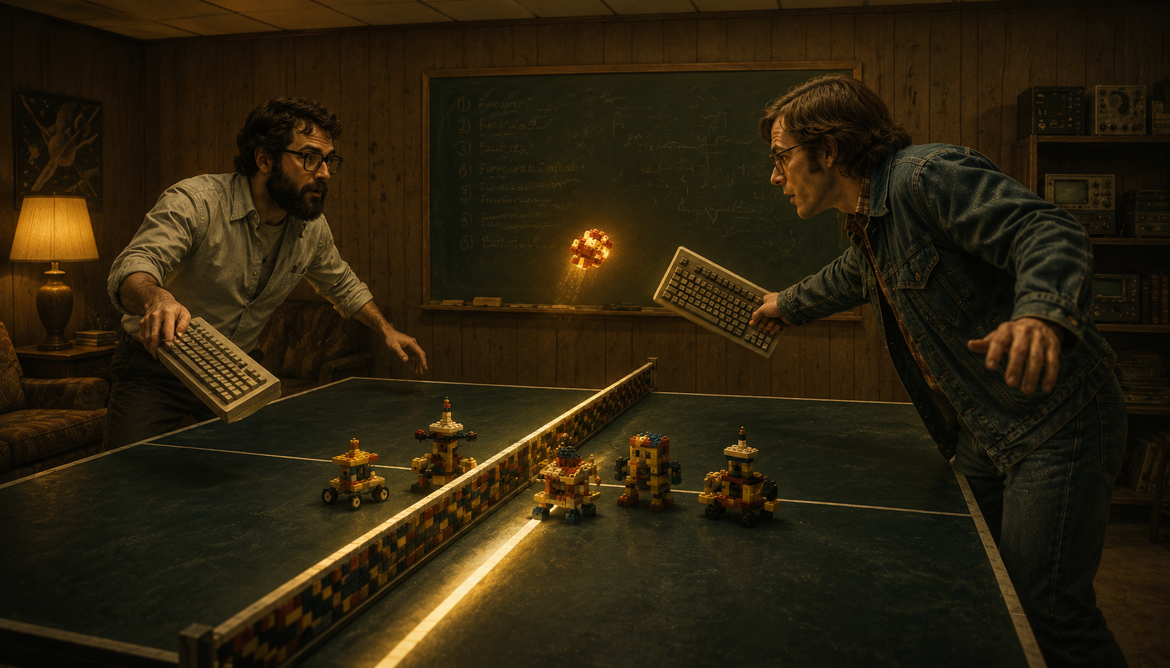 Two hackers volley a glowing brick construction over a ping-pong net built of interlocking bricks
