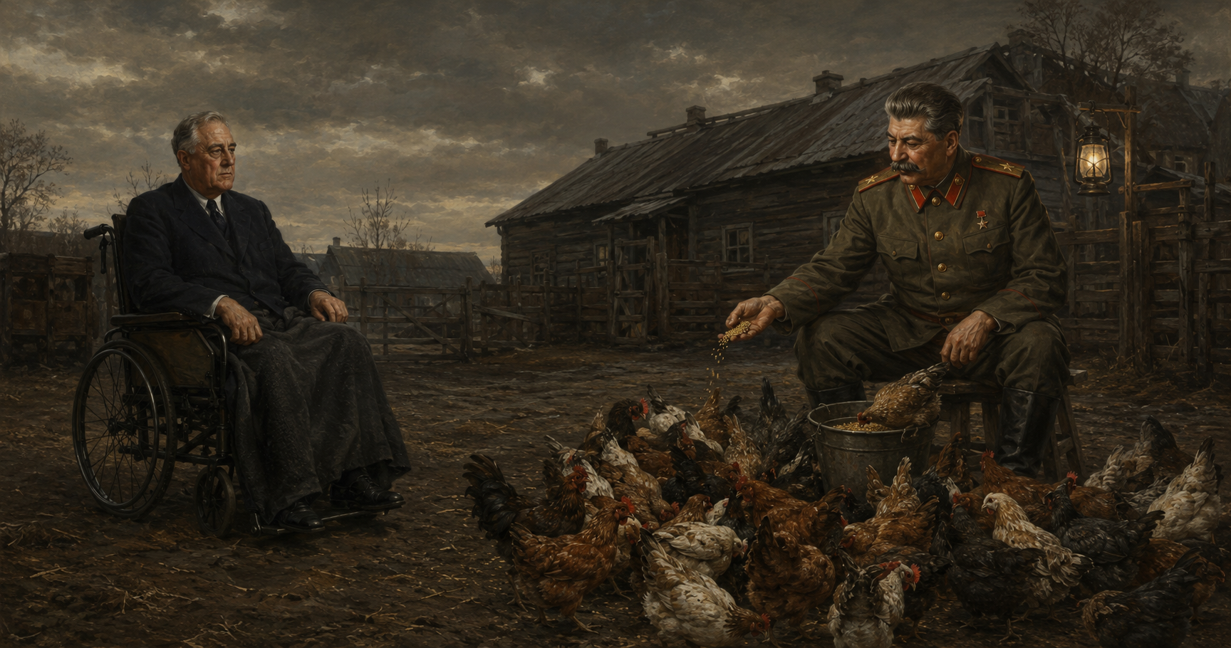 Roosevelt and Stalin peer-bonding over chickens on a soviet farm.