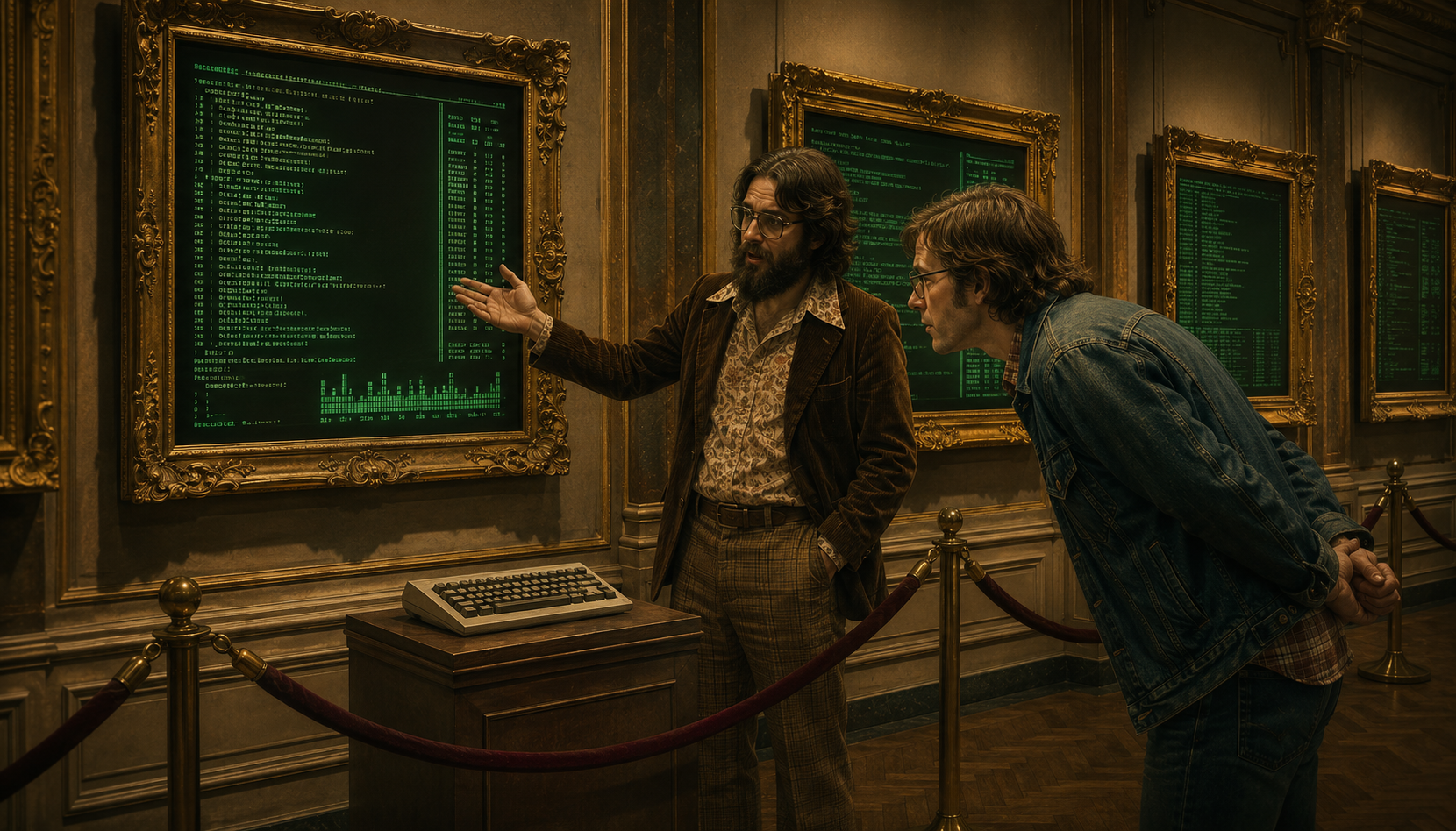 A hacker museum guide gestures at a gilt-framed terminal screen of green code while a tourist leans in with hands clasped behind his back