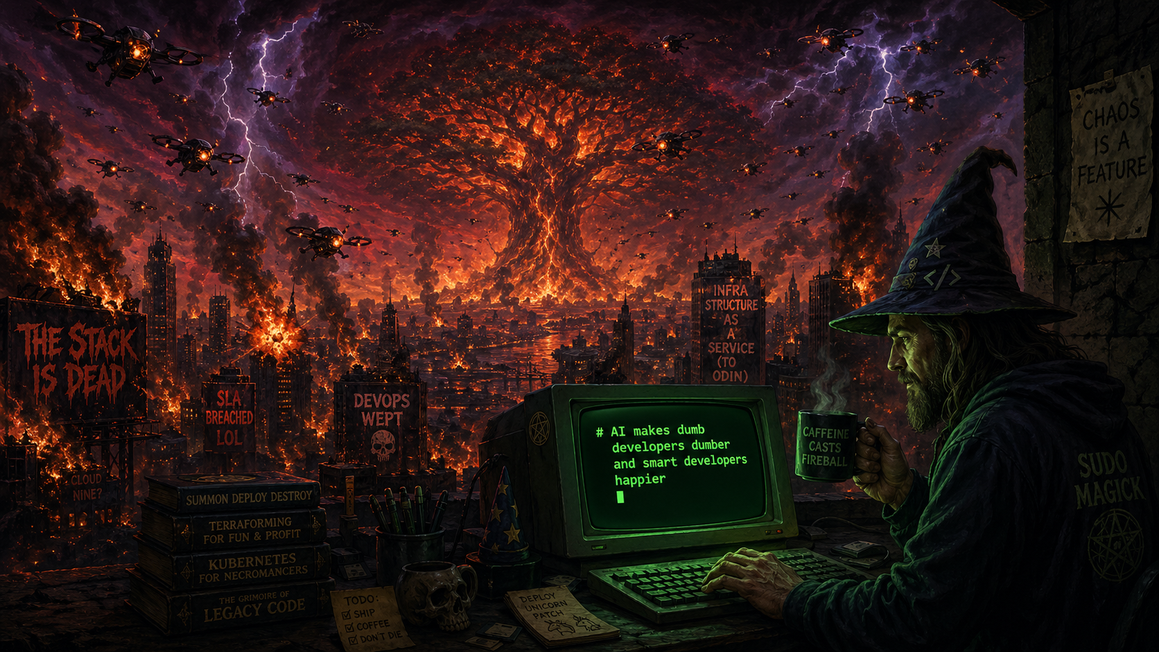 A wizard hacker codes calmly through an apocalypse — burning city